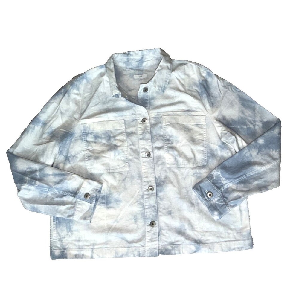 J Jill  Lightweight Jacket M Blue White Tie Dyed Button Up Long Sleeve Pockets